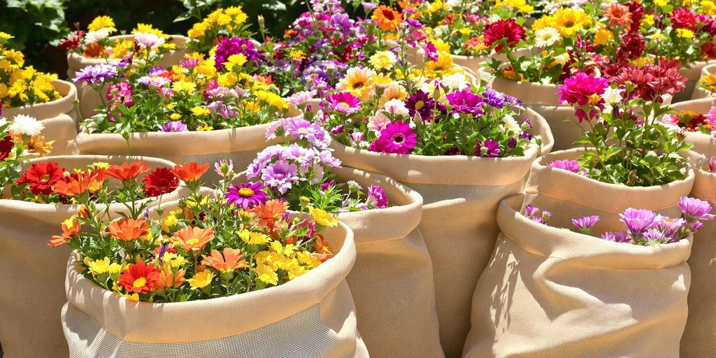 Bolsas geotextiles con flores silvestres sudamericanas.