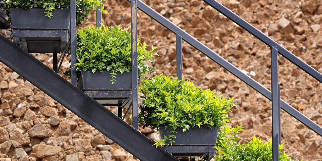 Escalera metálica con arbustos andinos en terrazas