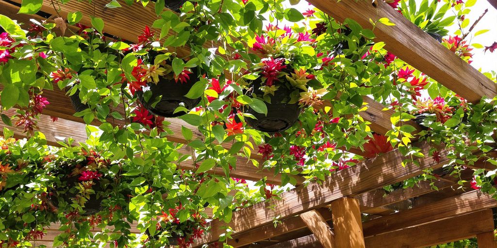 Jardín colgante con bromelias nativas en pérgola.