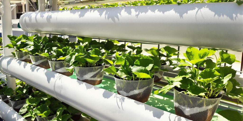 Hierbas medicinales hidropónicas en balcón iluminado por el sol.