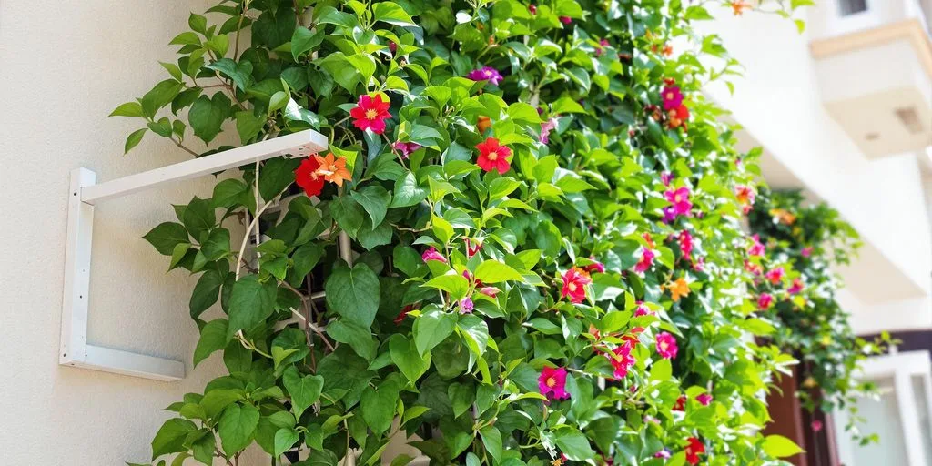 Jardín vertical modular con plantas sudamericanas en muro exterior.