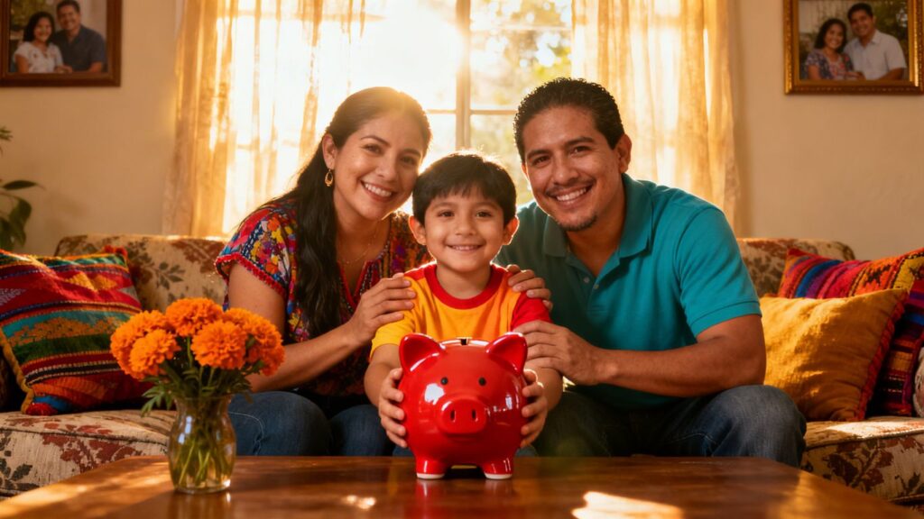 Familia mexicana sonriendo con alcancía y luz solar.