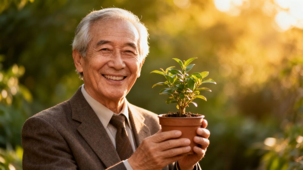 Pensionado sonriente con planta, luz solar.