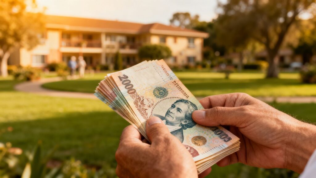 Manos con dinero y fondo de retiro