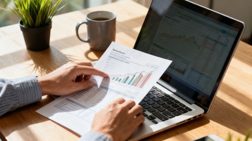Persona revisando documentos financieros en una laptop en casa.