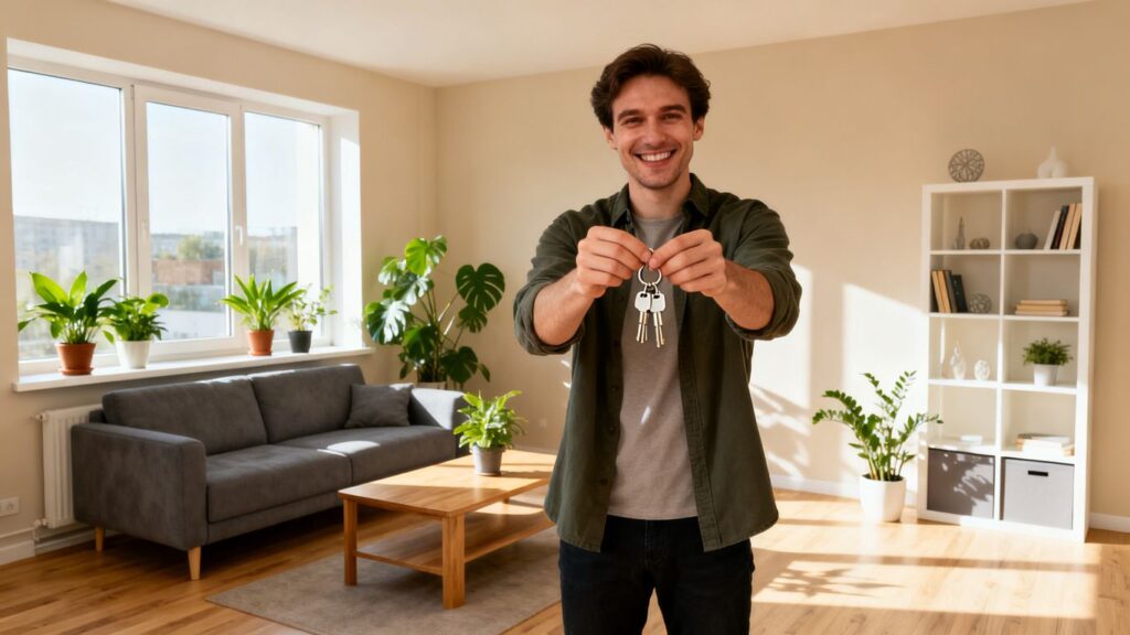 Persona feliz con llaves frente a casa remodelada.