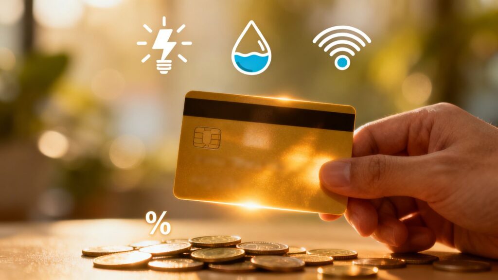 Tarjeta de crédito pagando servicios y ganando cashback.