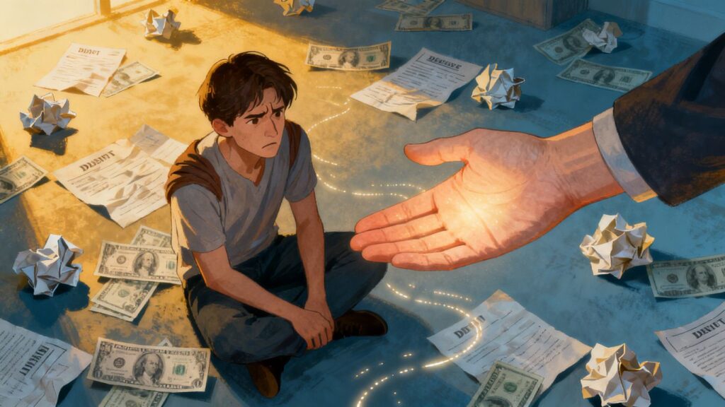 Persona agobiada por deudas recibe ayuda para salir.