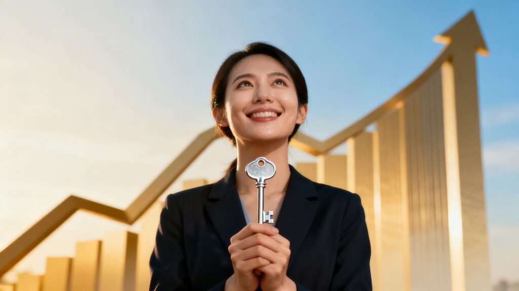 Persona feliz con llave y fondo de crecimiento financiero.