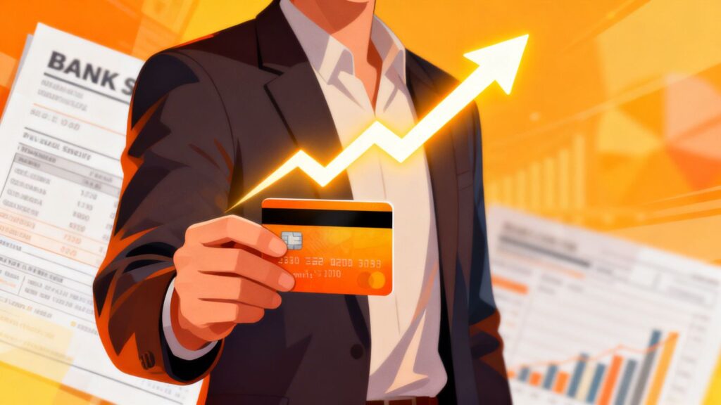 Persona feliz con tarjeta de crédito y flecha ascendente.