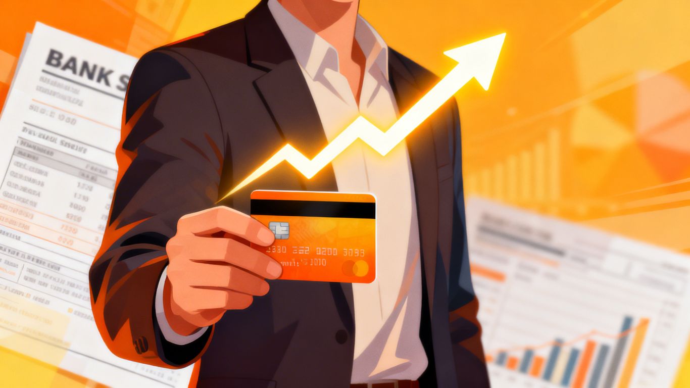 Persona feliz con tarjeta de crédito y flecha ascendente.