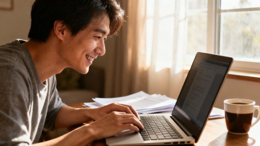 Persona feliz revisando Buró de Crédito en laptop en casa