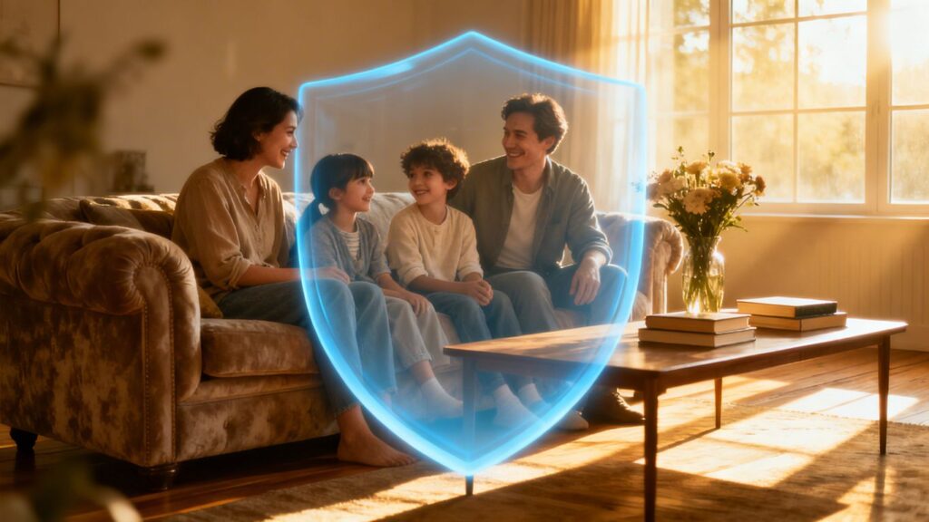 Familia protegida en su hogar con seguro.