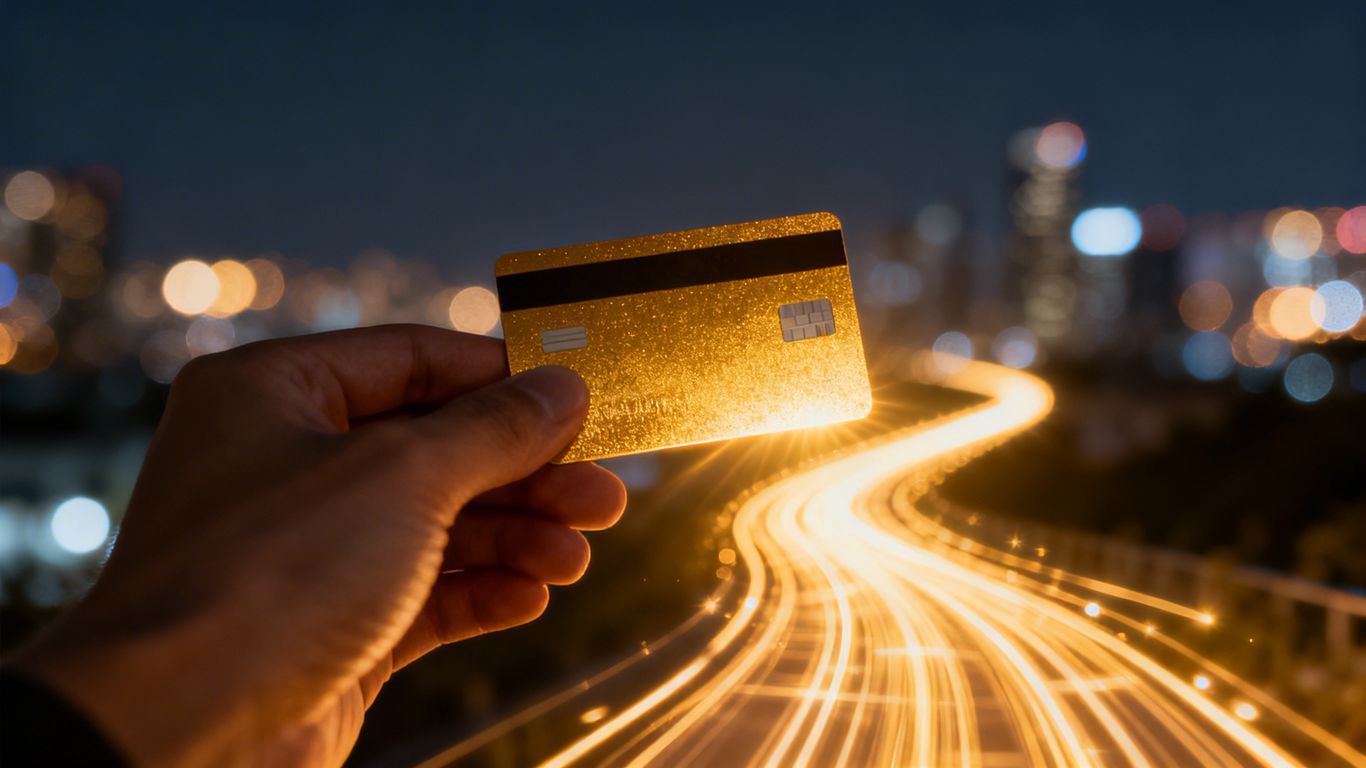 Tarjeta de crédito dorada abriendo un camino brillante.