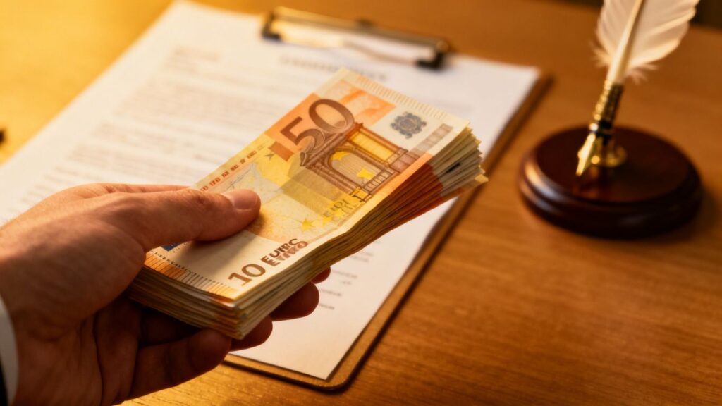 Mano con dinero y documentos notariales.