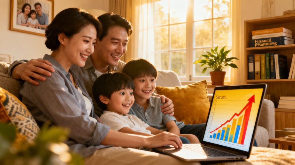 Familia feliz usando computadora para préstamos seguros.