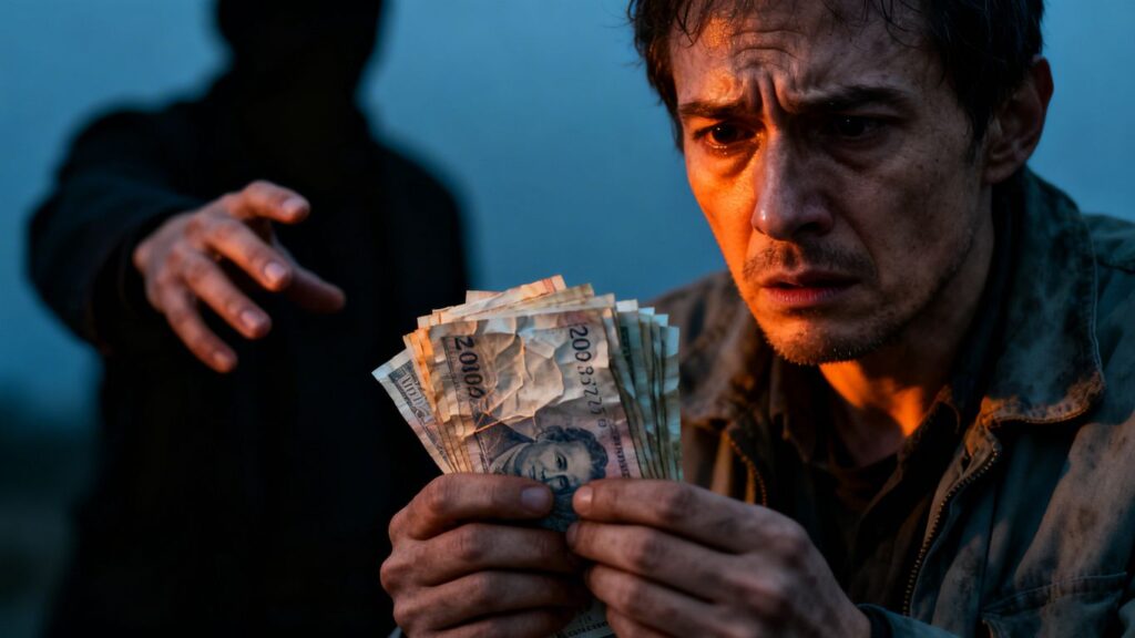 Persona preocupada con dinero y mano dudosa.