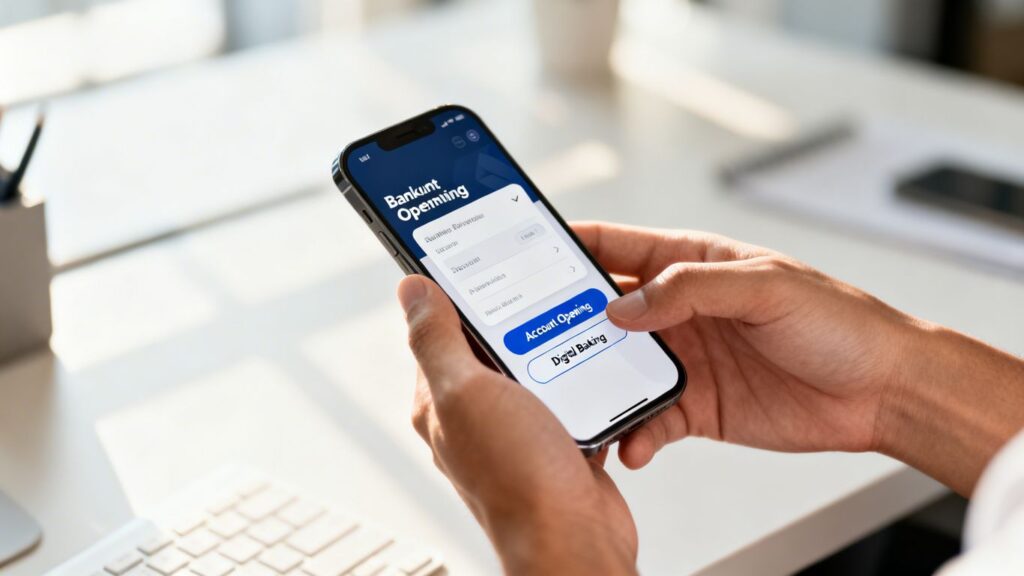 Persona abriendo cuenta bancaria en línea con su teléfono.
