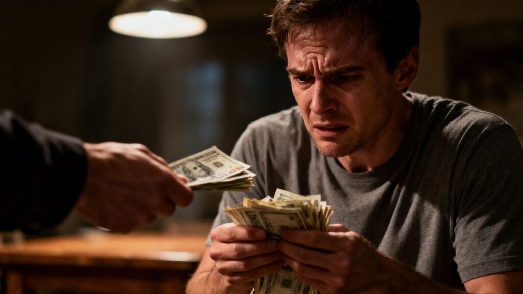 Persona estresada con facturas y dinero en efectivo.