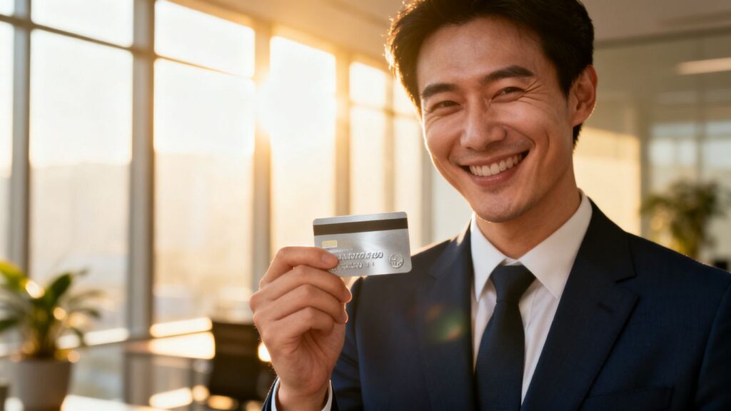 Persona feliz con tarjeta de crédito nueva en oficina.