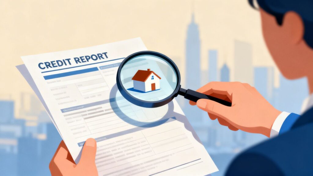 Persona revisando historial crediticio con lupa y casa.