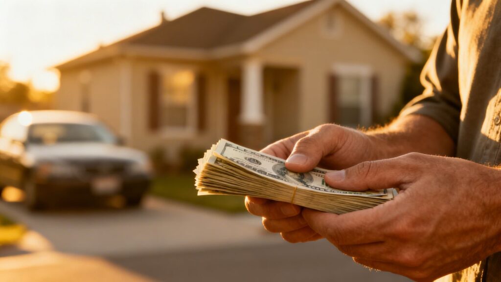 Manos con dinero, casa y coche.