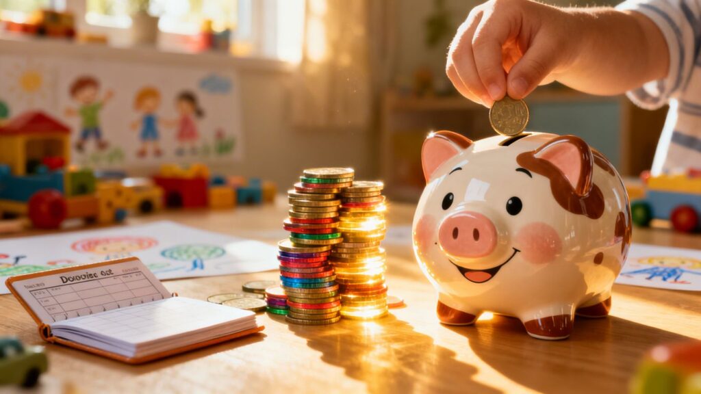 Niño metiendo moneda en alcancía con tarjeta de ahorro.