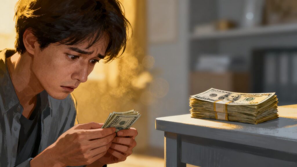 Persona preocupada por dinero, buscando una solución financiera.