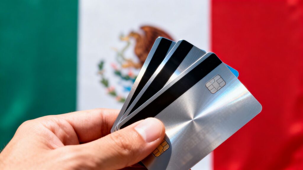 Manos sosteniendo tarjetas de crédito con bandera de México.