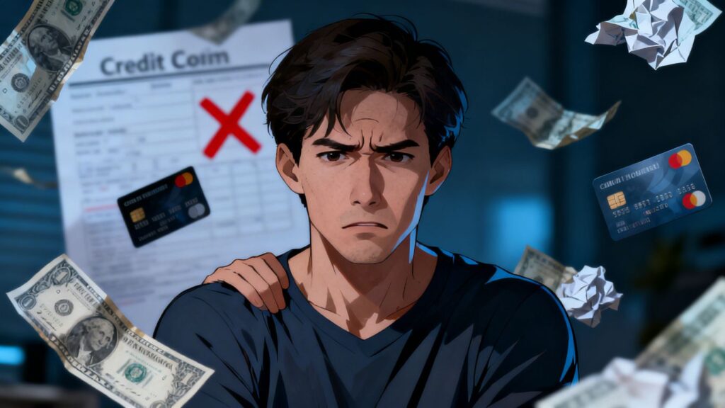 Persona preocupada por deudas y crédito.