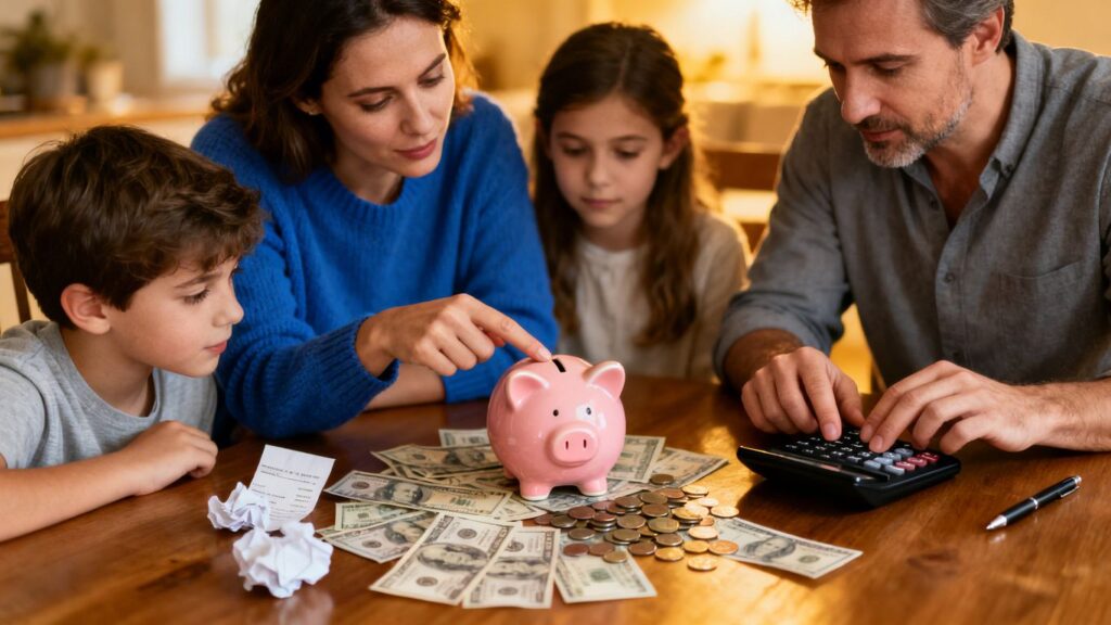 Familia planeando presupuesto y ahorrando dinero.