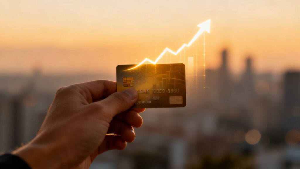Tarjeta de crédito y gráfico financiero ascendente.