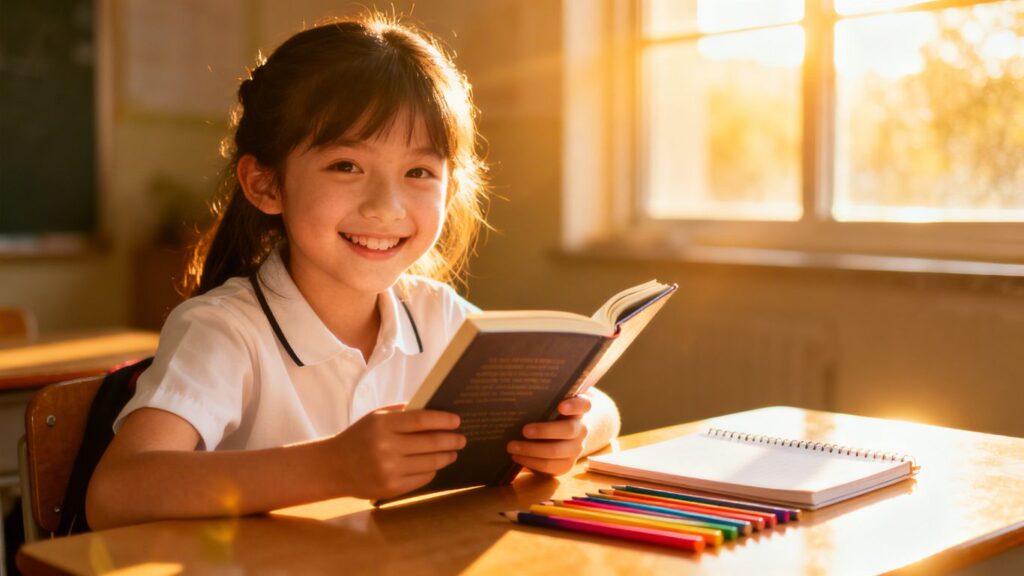 Estudiante feliz con libro y útiles escolares.