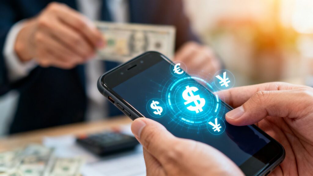 Manos con teléfono móvil y dinero en cuenta bancaria.