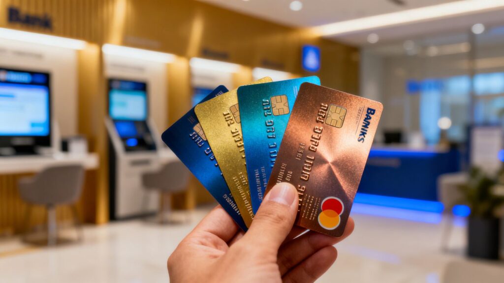 Persona sostiene varias tarjetas de crédito en la mano