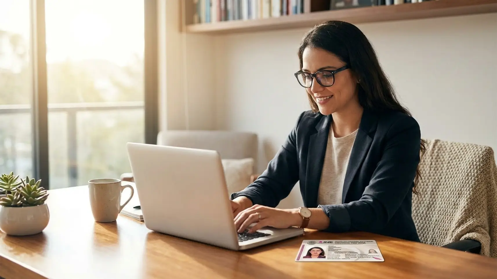 Persona consultando su RFC con su CURP desde una laptop, con su identificación sobre la mesa